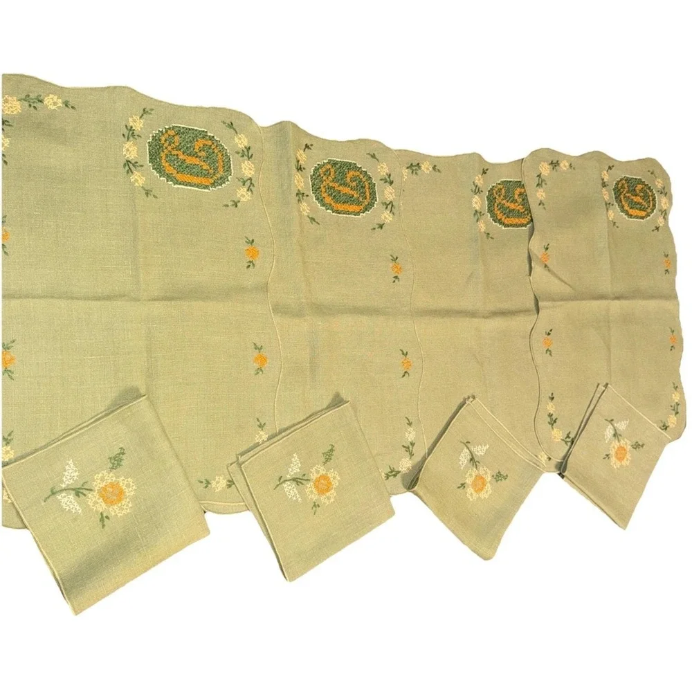 Lot 8 Vintage Hand stitched Embroidered Linens Green Linen Floral Cottagecore